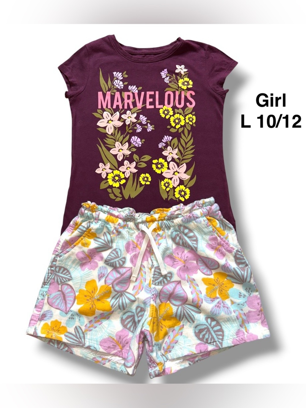 Gap Marvelous Floral Tee & Floral Drawstring Shorts - Girls size L 10-12